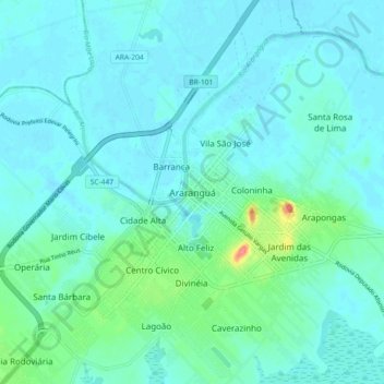 Mappa topografica Araranguá, altitudine, rilievo