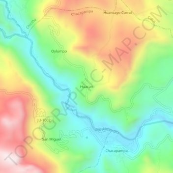 Mappa topografica Huacan, altitudine, rilievo