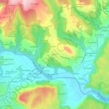 Mappa topografica Le Bosc, altitudine, rilievo