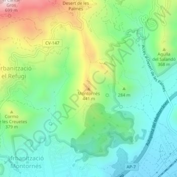 Mappa topografica Montornés, altitudine, rilievo
