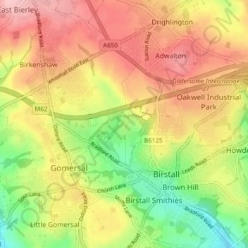 Mappa topografica Oakwell, altitudine, rilievo