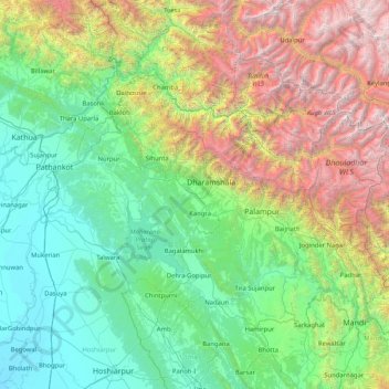 Mappa topografica Kangra, altitudine, rilievo