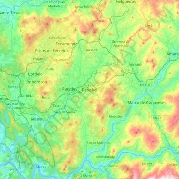 Mappa topografica Penafiel, altitudine, rilievo