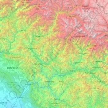 Mappa topografica Tehri-Garhwal, altitudine, rilievo
