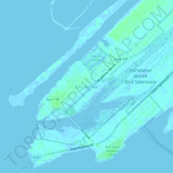 Mappa topografica Port Bolivar, altitudine, rilievo