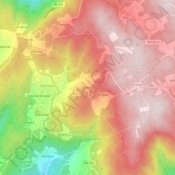 Mappa topografica Zibreiros, altitudine, rilievo