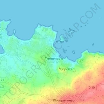 Mappa topografica Kergoff, altitudine, rilievo