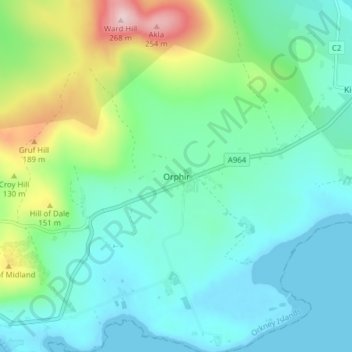 Mappa topografica Orphir, altitudine, rilievo