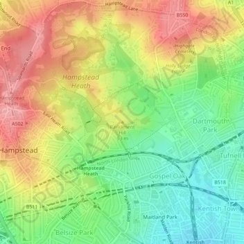 Mappa topografica Parliament Hill, altitudine, rilievo