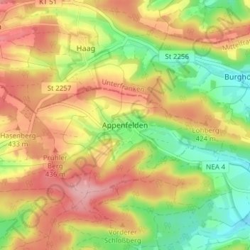 Mappa topografica Appenfelden, altitudine, rilievo
