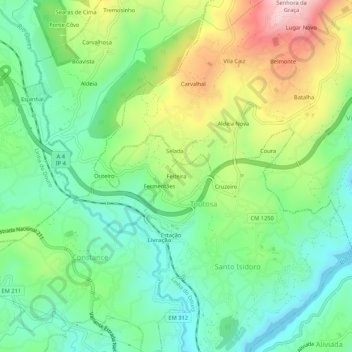 Mappa topografica Feiteira, altitudine, rilievo