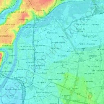 Mappa topografica Villeurbanne, altitudine, rilievo