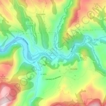 Mappa topografica Martinet, altitudine, rilievo