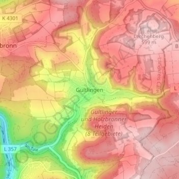 Mappa topografica Gültlingen, altitudine, rilievo