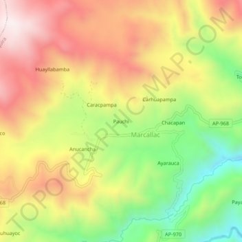 Mappa topografica Pauchi, altitudine, rilievo