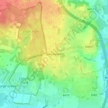 Mappa topografica Iver Heath, altitudine, rilievo