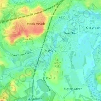Mappa topografica Mayford, altitudine, rilievo