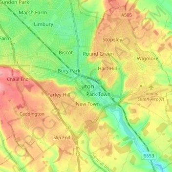 Mappa topografica Luton, altitudine, rilievo