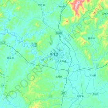 Mappa topografica 平江县, altitudine, rilievo