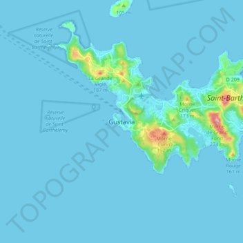 Mappa topografica Gustavia, altitudine, rilievo