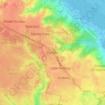 Mappa topografica Hardley, altitudine, rilievo