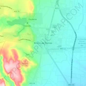 Mappa topografica Rincón de Romos, altitudine, rilievo