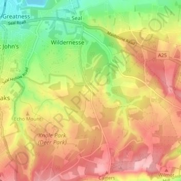 Mappa topografica Godden Green, altitudine, rilievo