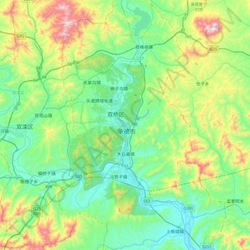 Mappa topografica 承德市, altitudine, rilievo