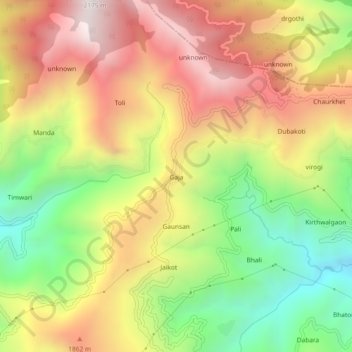 Mappa topografica Gaja, altitudine, rilievo