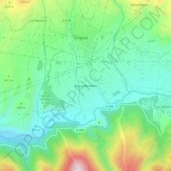Mappa topografica Pago y Benisalte, altitudine, rilievo