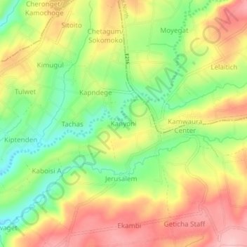 Mappa topografica Kanyoni, altitudine, rilievo
