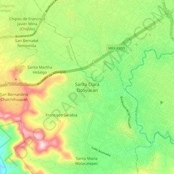 Mappa topografica Santa Clara Ocoyucan, altitudine, rilievo