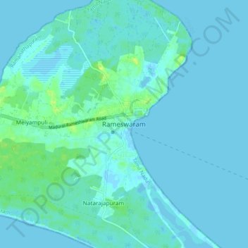 Mappa topografica Rameswaram, altitudine, rilievo