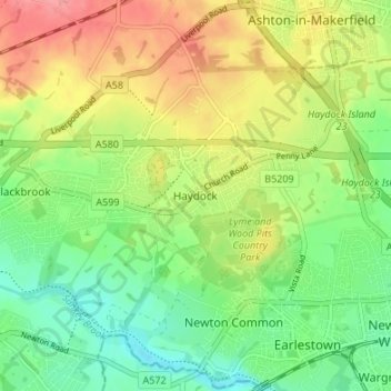 Mappa topografica Haydock, altitudine, rilievo