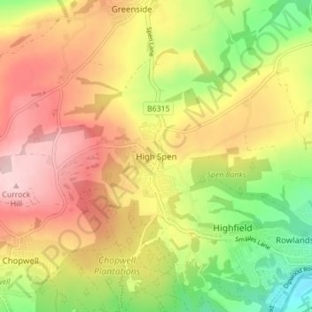 Mappa topografica High Spen, altitudine, rilievo