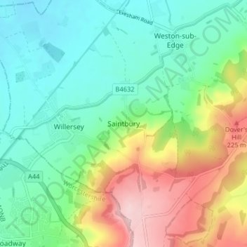 Mappa topografica Saintbury, altitudine, rilievo