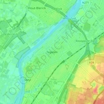 Mappa topografica Tegelen, altitudine, rilievo