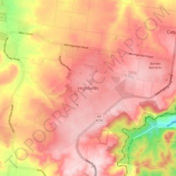 Mappa topografica Highfields, altitudine, rilievo