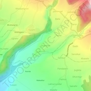 Mappa topografica Ghartholi, altitudine, rilievo