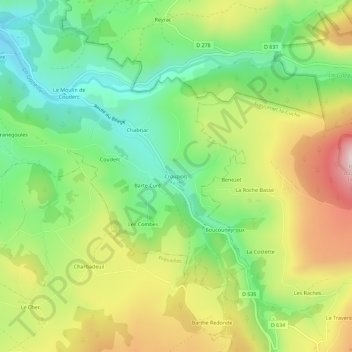 Mappa topografica Crouziols, altitudine, rilievo