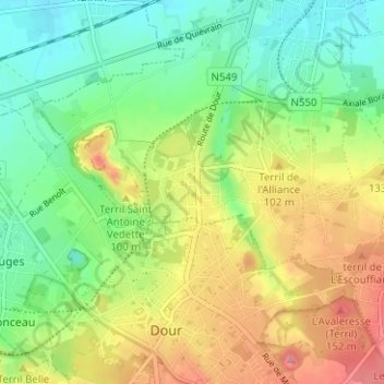 Mappa topografica Boussu-Bois, altitudine, rilievo