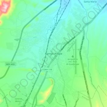 Mappa topografica Ramos Arizpe, altitudine, rilievo