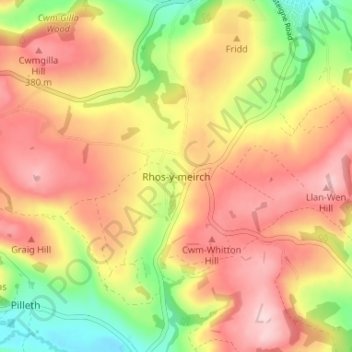 Mappa topografica Rhos-y-meirch, altitudine, rilievo