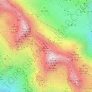 Mappa topografica Doigt du Mont Perdu, altitudine, rilievo