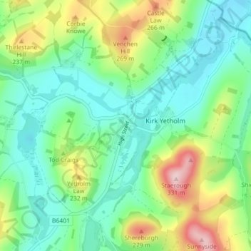 Mappa topografica Town Yetholm, altitudine, rilievo