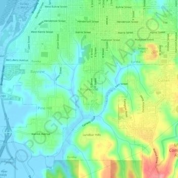 Mappa topografica Rosewood, altitudine, rilievo