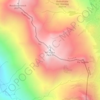 Mappa topografica Piz Badus, altitudine, rilievo