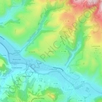 Mappa topografica Alayrac, altitudine, rilievo