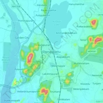 Mappa topografica Chengalpattu, altitudine, rilievo