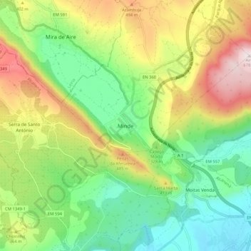 Mappa topografica Minde, altitudine, rilievo